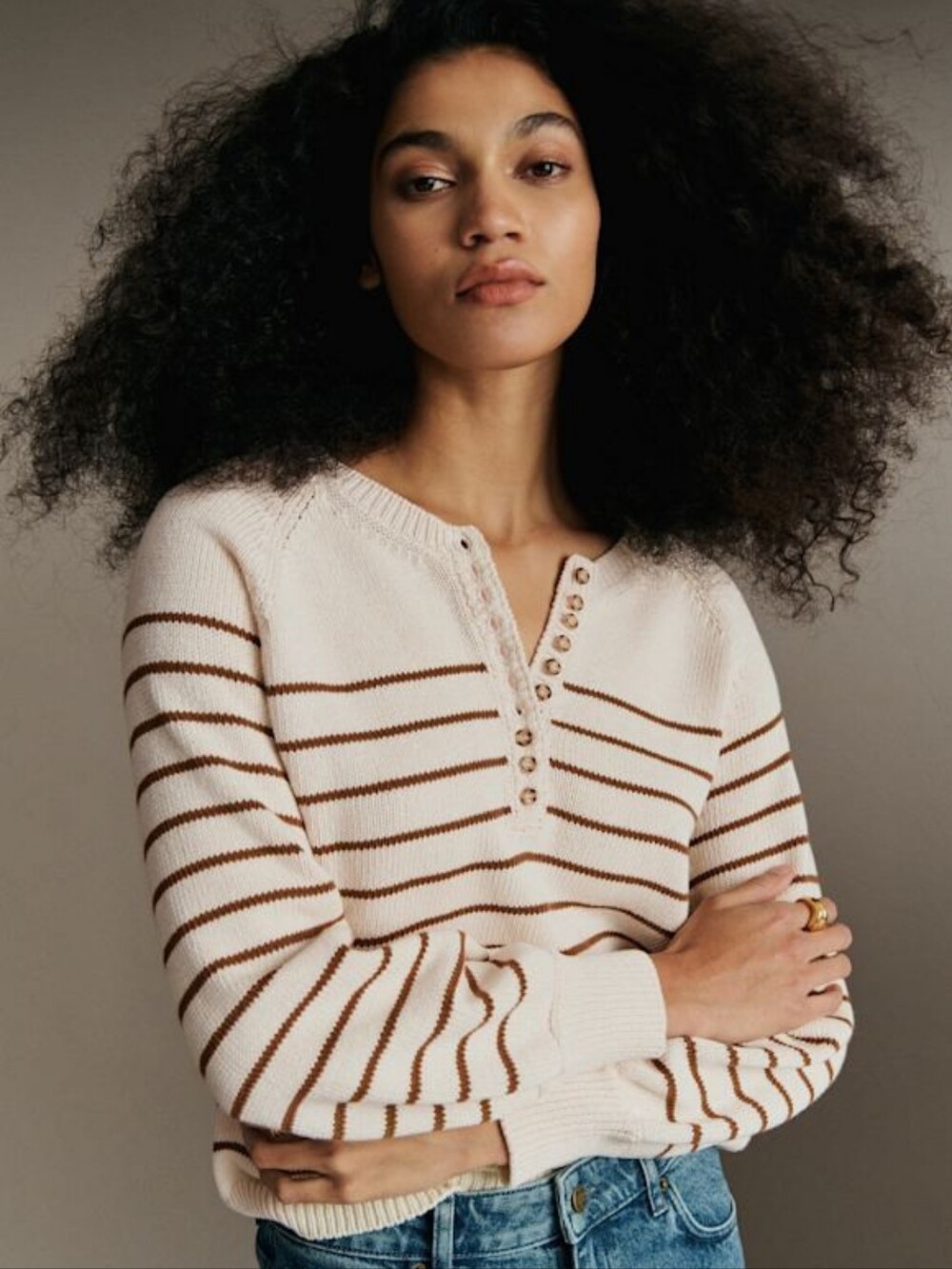 Sezane Léontine Jumper in Ecru/Camel, XXS